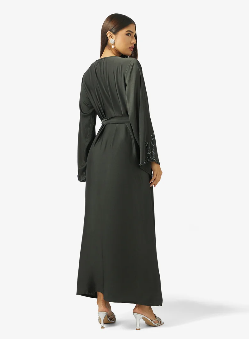 hayas closet  Floral Beaded Embroidery Work At Front Section And Belt Jalabiya for Women | Best Price UAE